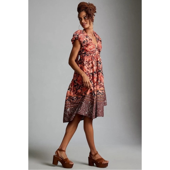 ANTHROPOLOGIE Floral Pleated Bodice Tiered V-Neck Babydoll Dress Red Size 8 NWT - Picture 2 of 9